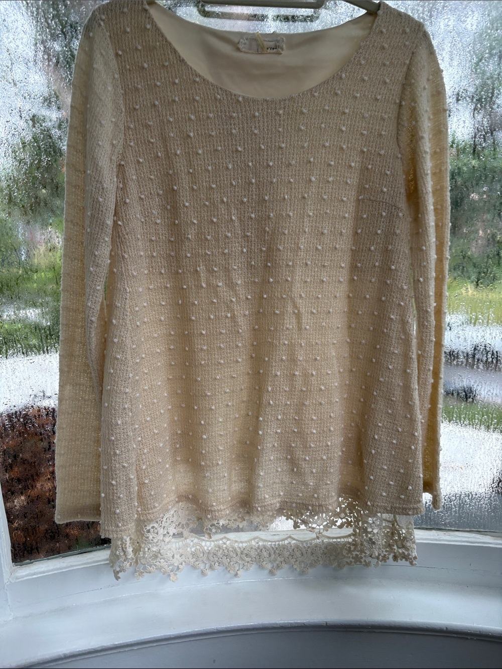Areve Cream Textured Lace-Hem Scoop Neck Sweater